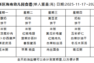 2025-2026学年度第一学期 幼儿食谱 （第十二周）